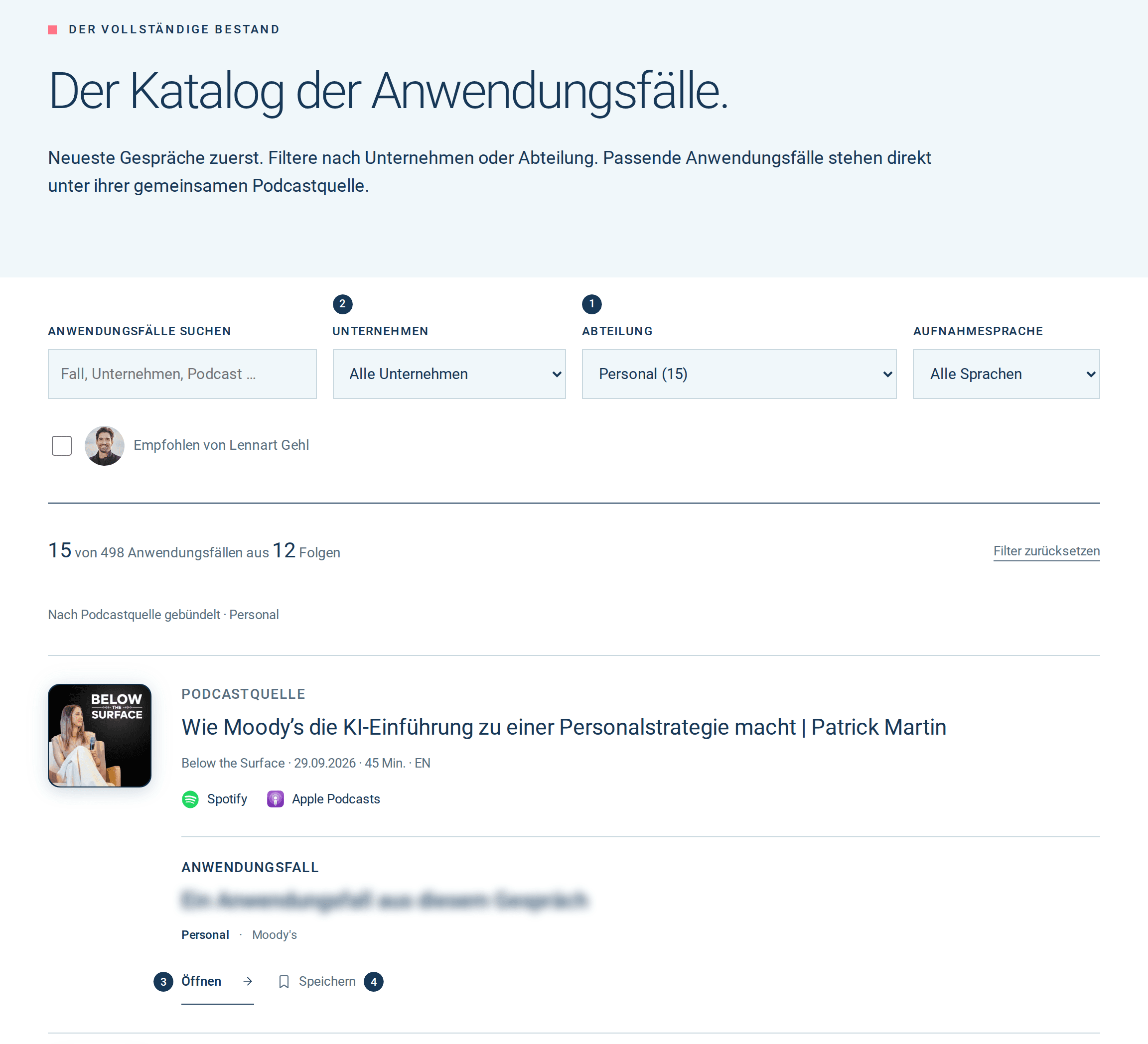 Katalog der KI-Anwendungsfälle mit den Filtern Unternehmen und Abteilung, gefiltert auf Personal, mit einem Fall und den Buttons Öffnen und Speichern.