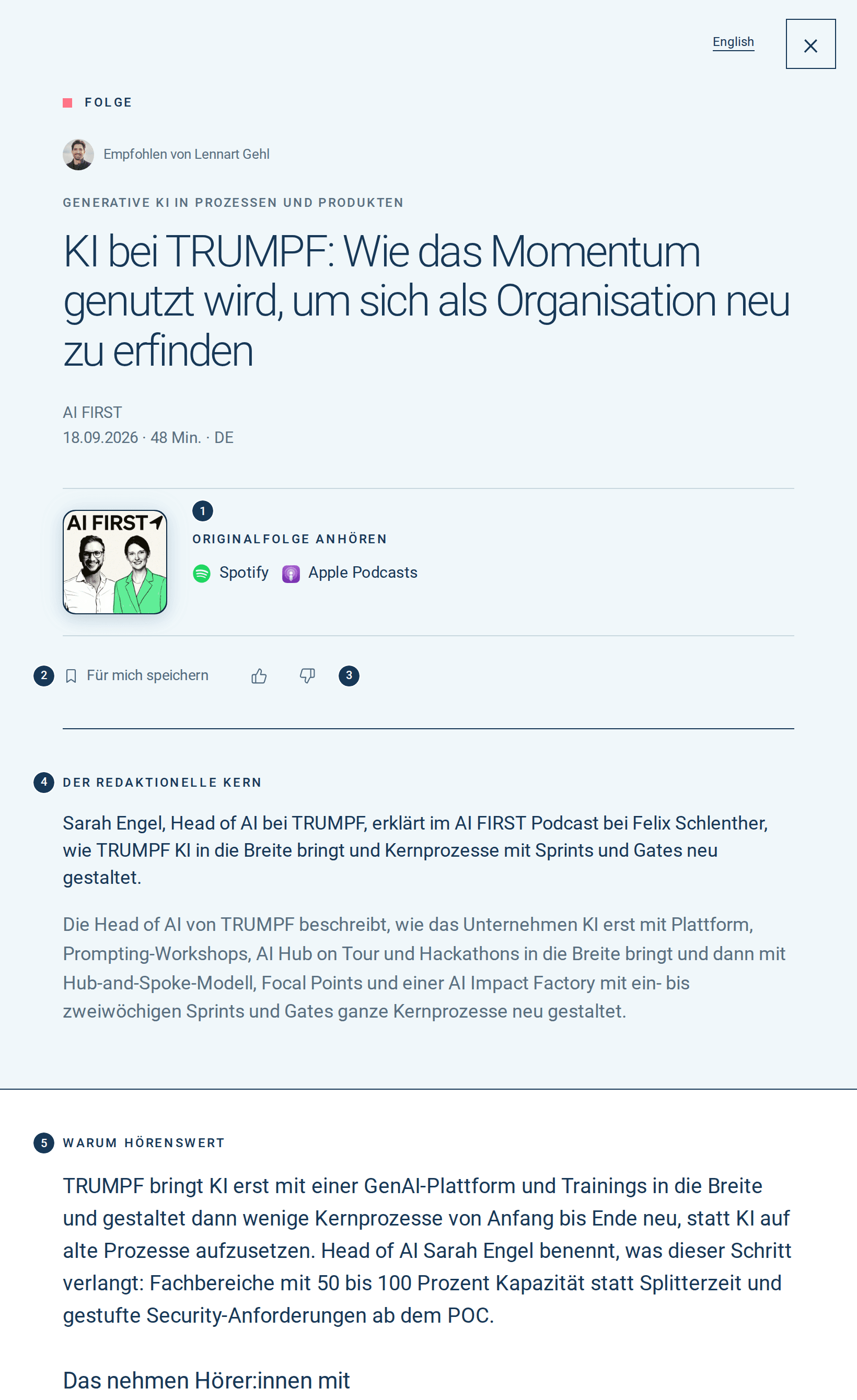 Eine geöffnete Folge mit Originalfolge anhören, Für mich speichern, den Daumen, dem redaktionellen Kern und Warum hörenswert.
