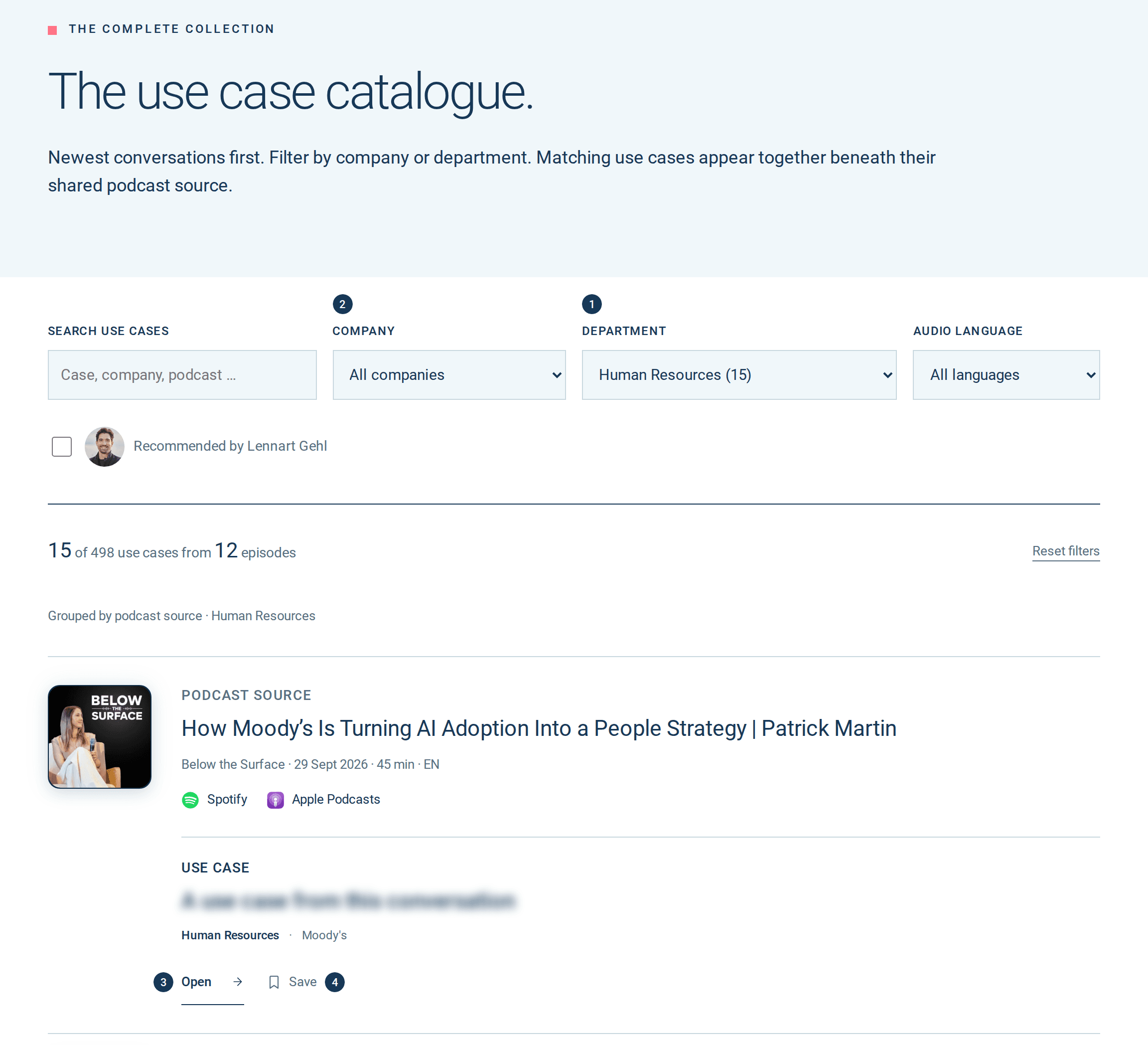 Catalogue of the AI Use Cases with the filters Company and Department, filtered to Human Resources, with one case and the buttons Open and Save.