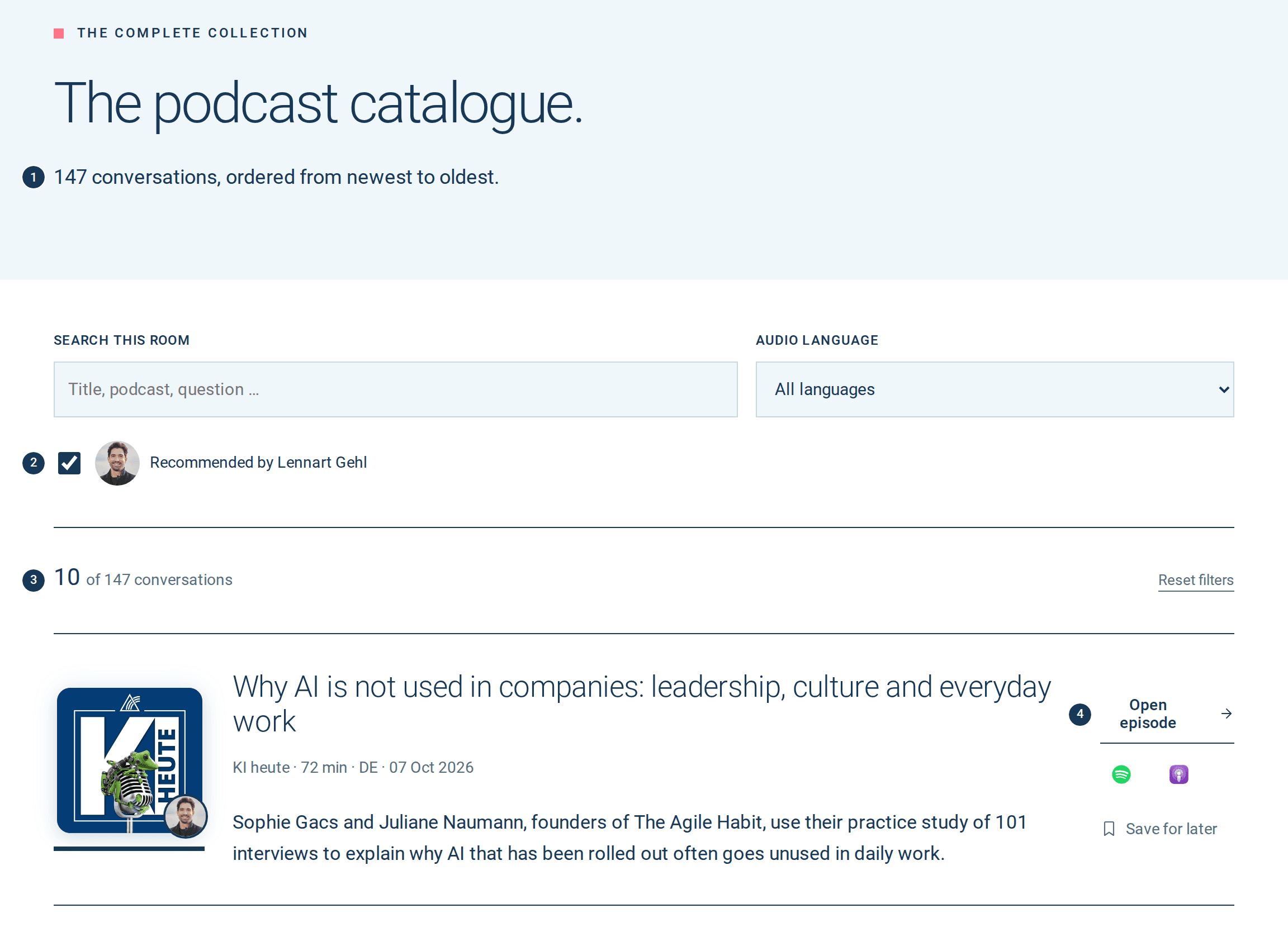 Podcast catalogue of the collection AI & Leadership, ordered from the latest to the oldest conversation, filtered to the ten recommendations.