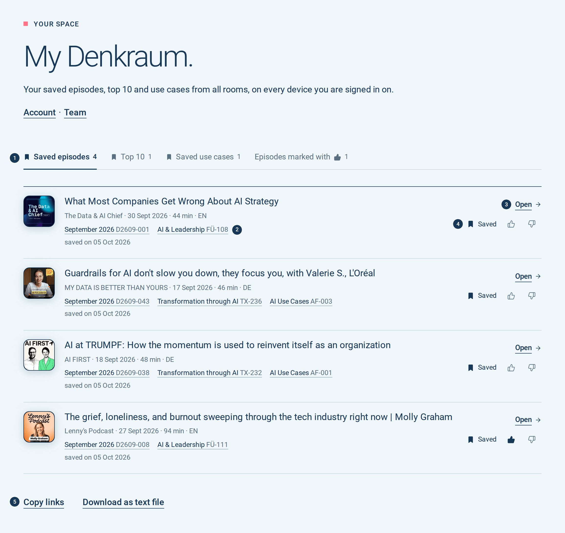 My Denkraum with its four tabs, below them saved episodes with their rooms.