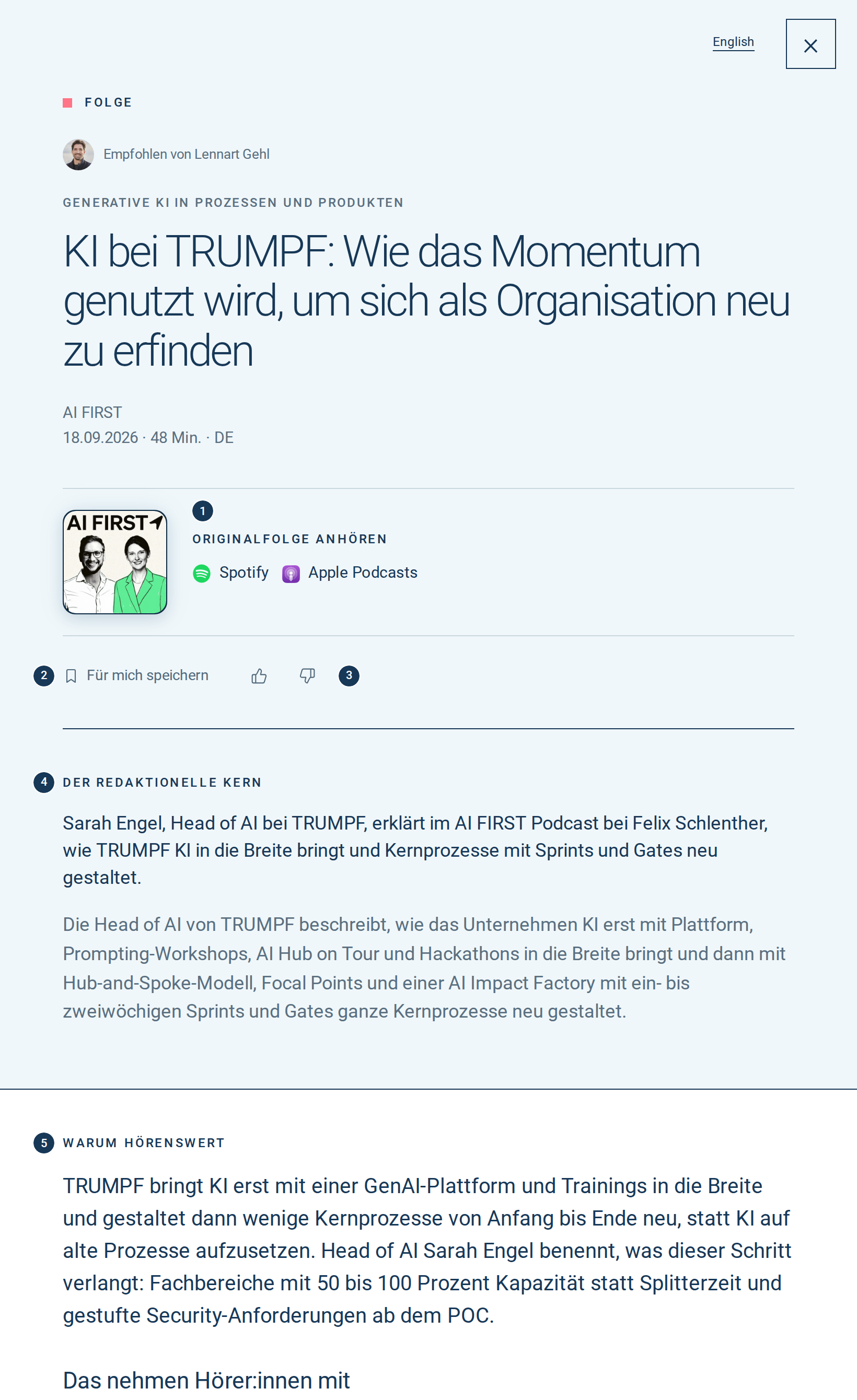 Eine geöffnete Folge mit Originalfolge anhören, Für mich speichern, den Daumen, dem redaktionellen Kern und Warum hörenswert.