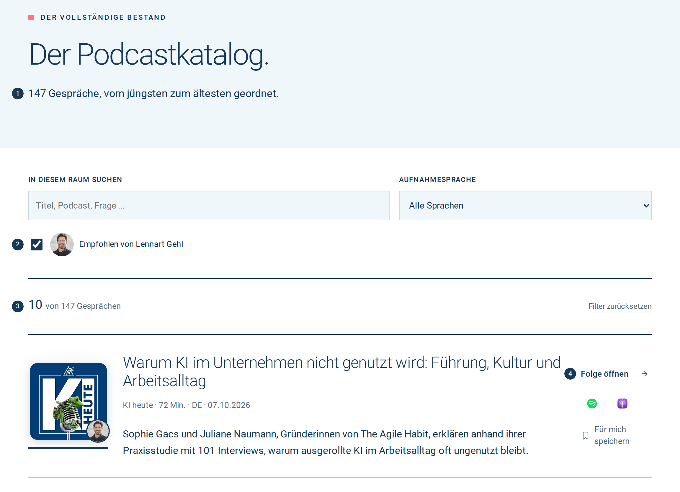 Podcastkatalog der Sammlung KI & Führung, vom jüngsten zum ältesten Gespräch geordnet, gefiltert auf die zehn Empfehlungen.