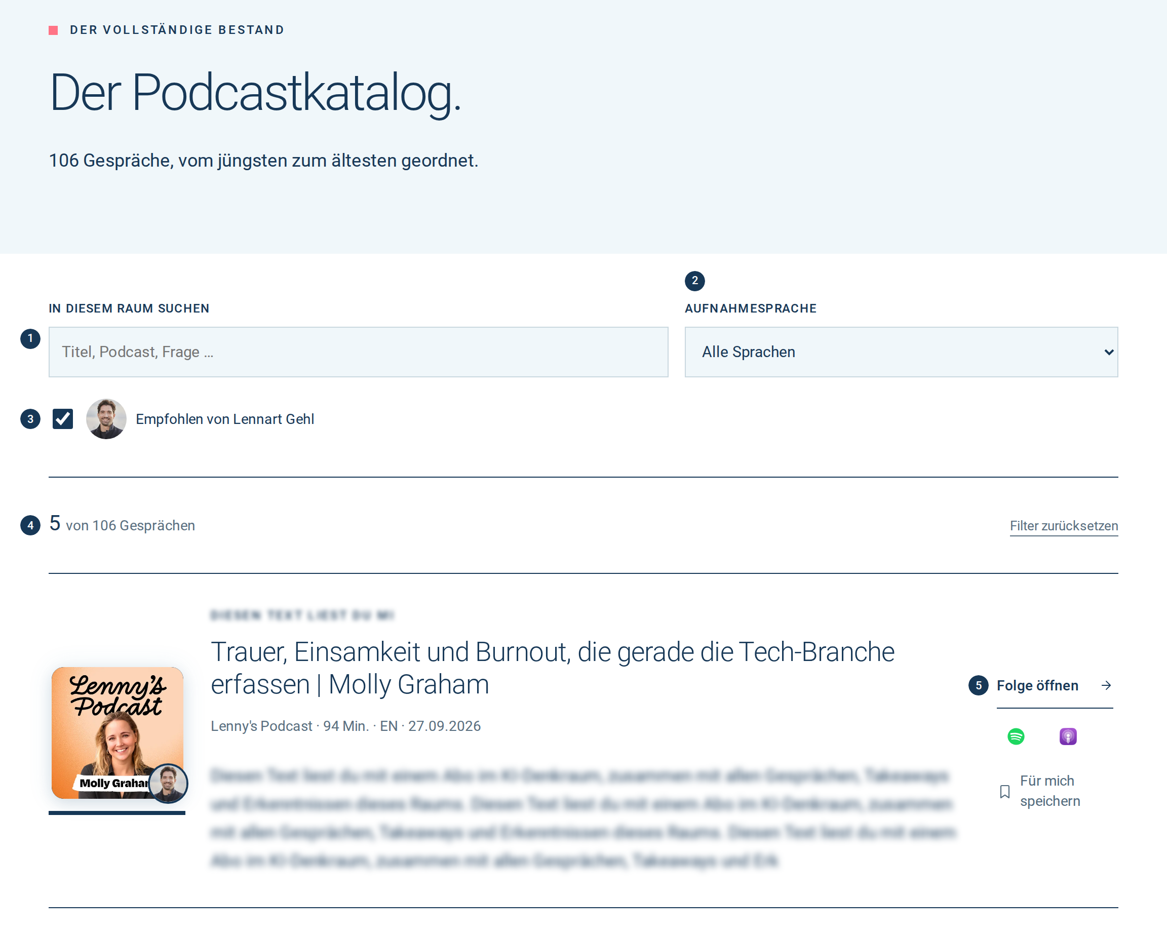 Podcastkatalog der Monatsausgabe September 2026, gefiltert auf die fünf Empfehlungen, mit Suchfeld, Sprachfilter und der ersten Empfehlung.