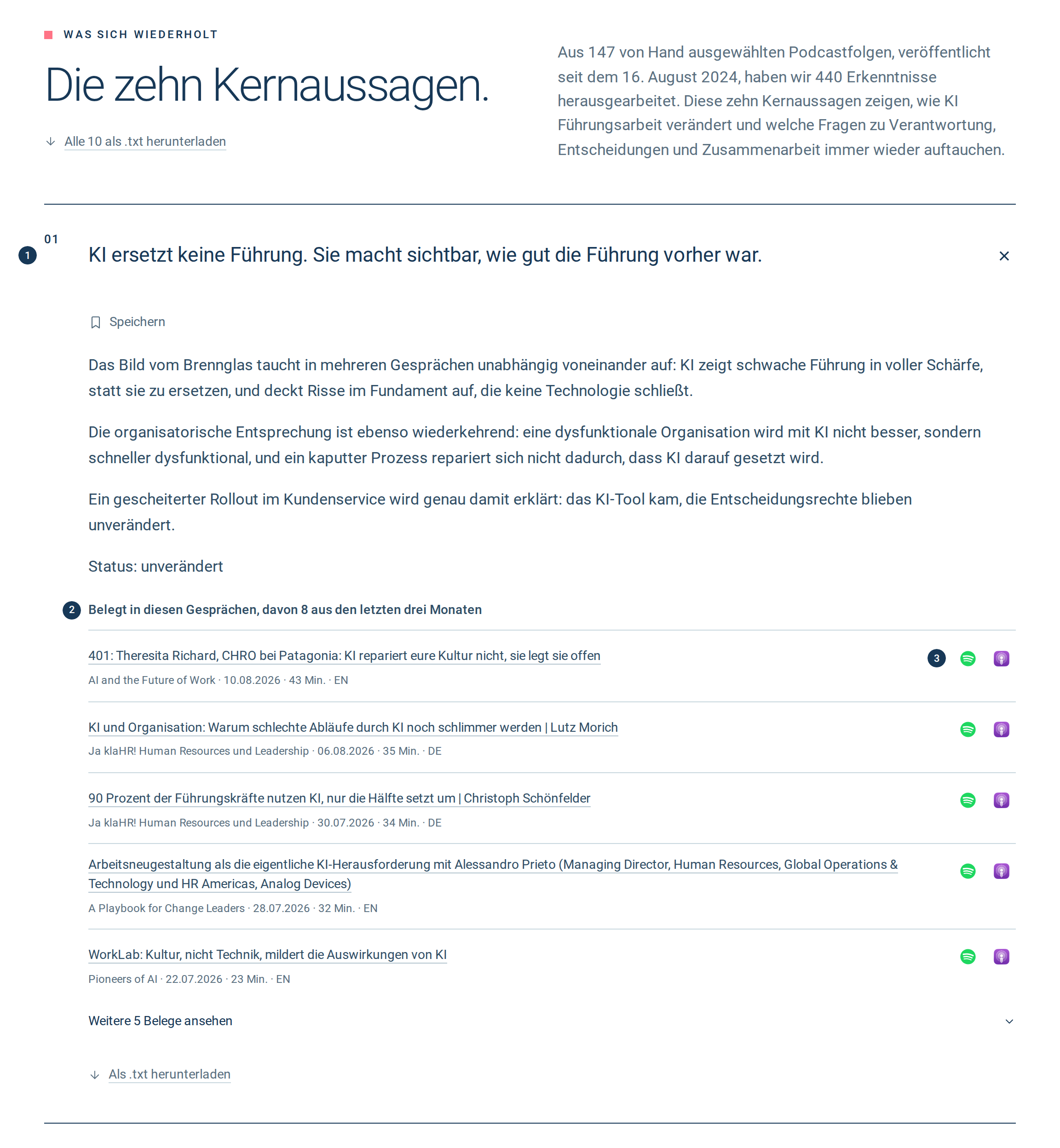 Eine Kernaussage der Sammlung KI & Führung, aufgeklappt, mit der Zeile Belegt in diesen Gesprächen, davon 8 aus den letzten drei Monaten.