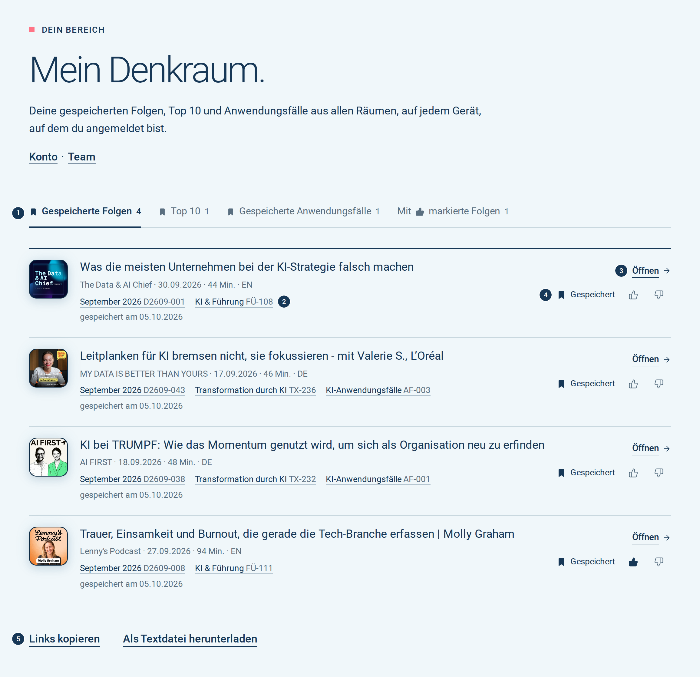 Mein Denkraum mit den Reitern Gespeicherte Folgen, Top 10, Gespeicherte Anwendungsfälle und Folgen mit Daumen hoch, darunter gespeicherte Folgen mit ihren Räumen.