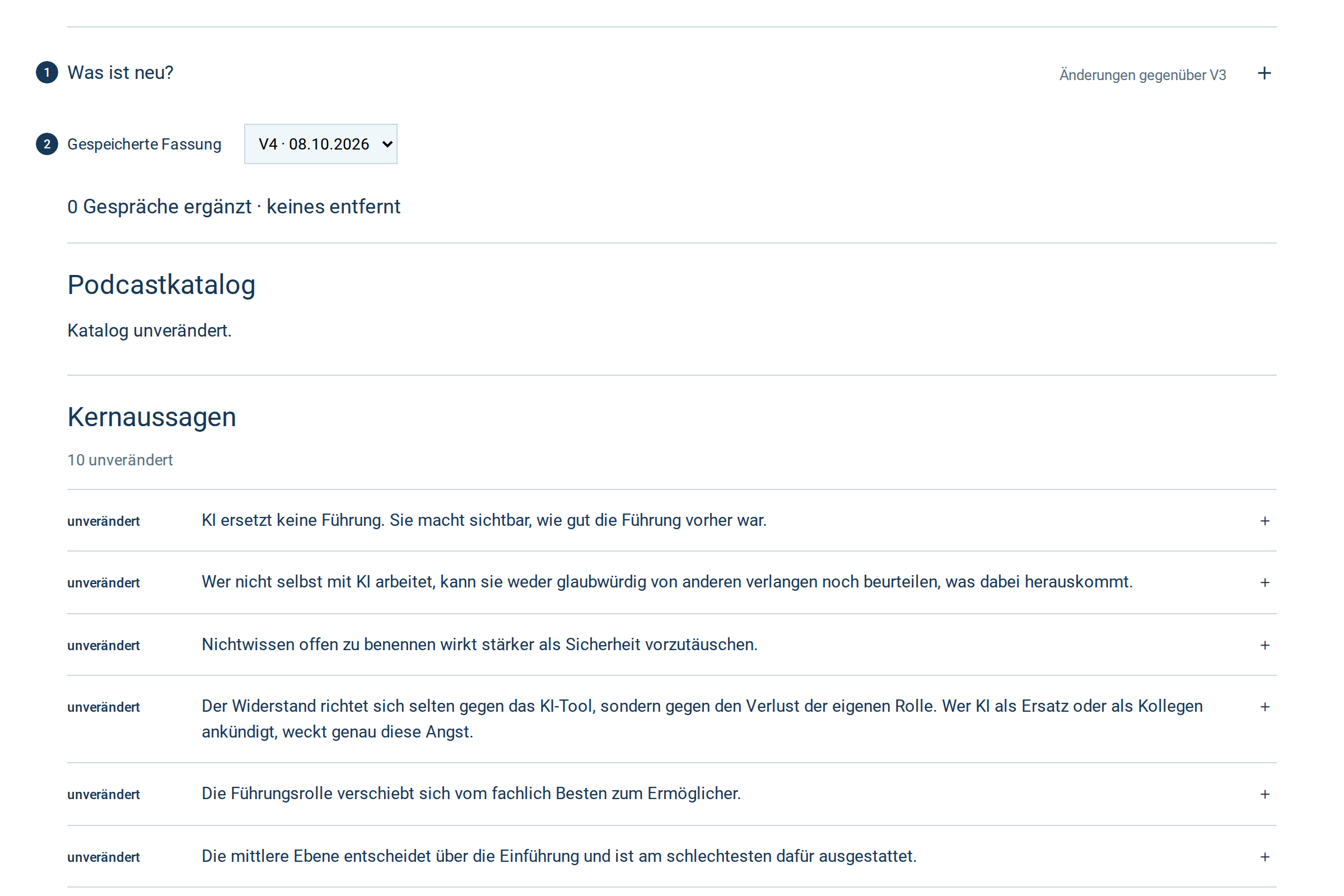 Der aufgeklappte Bereich Was ist neu? in KI & Führung mit der Auswahl Gespeicherte Fassung und den Änderungen gegenüber der vorigen Ausgabe.