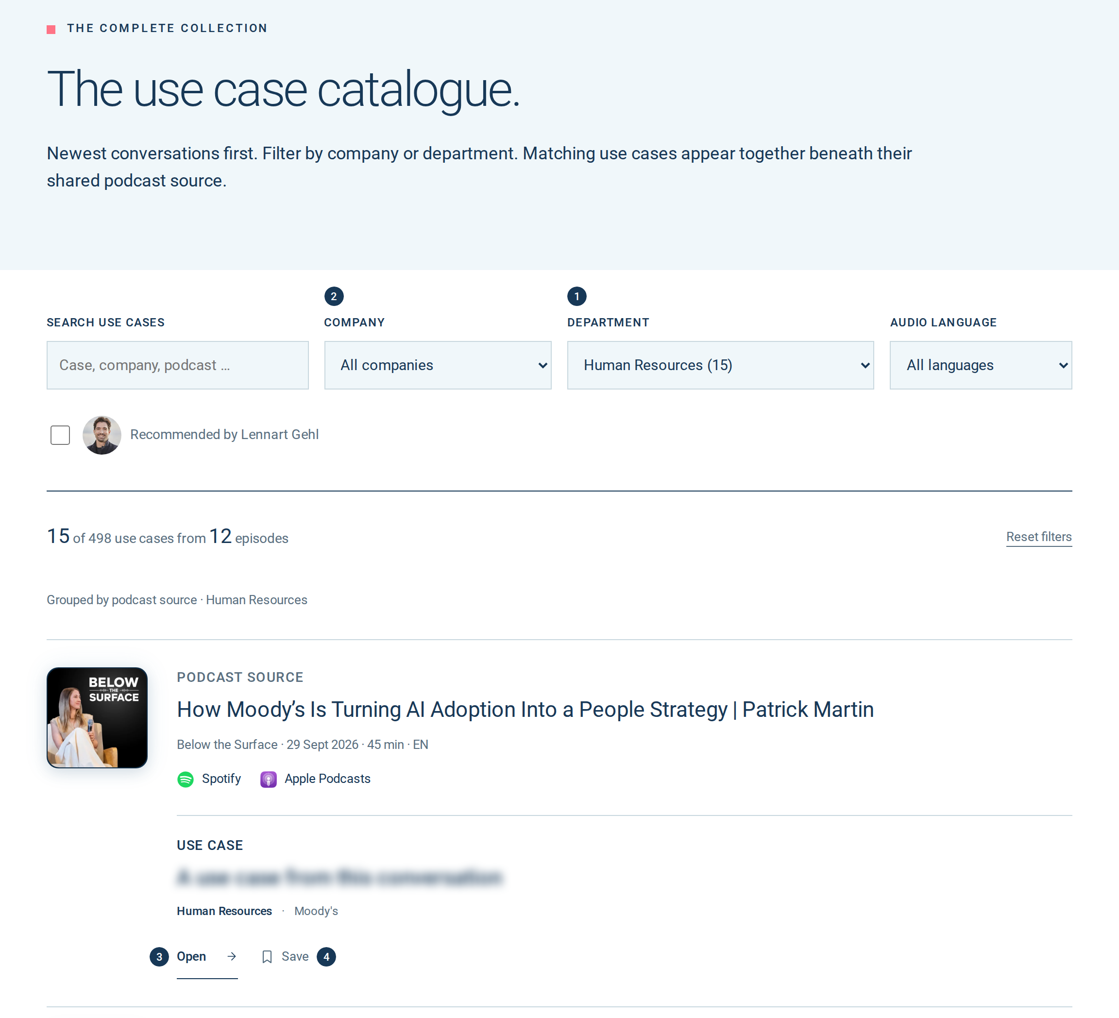 Catalogue of the AI Use Cases with the filters Company and Department, filtered to Human Resources, with one case and the buttons Open and Save.