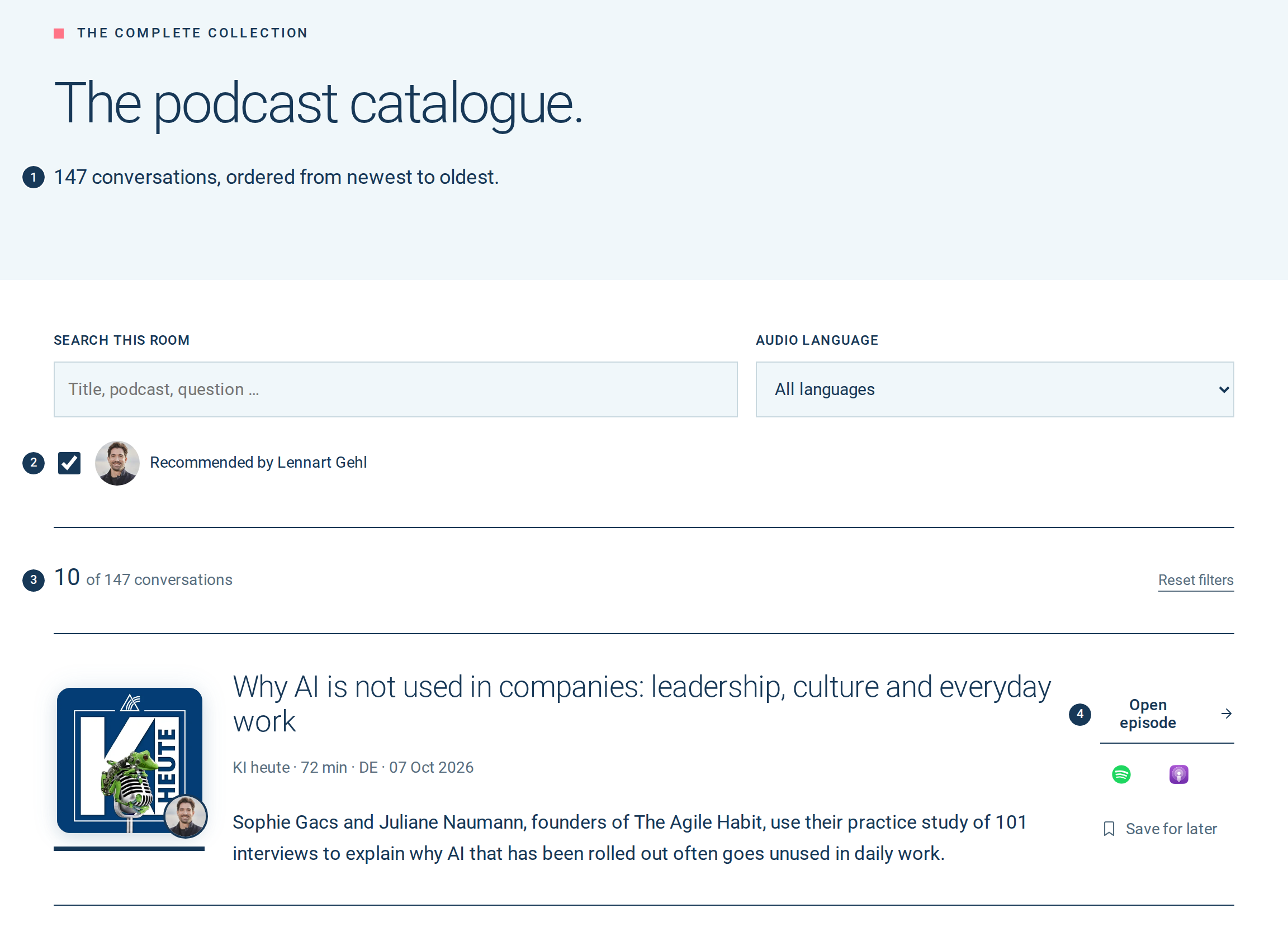 Podcast catalogue of the collection AI & Leadership, ordered from the latest to the oldest conversation, filtered to the ten recommendations.