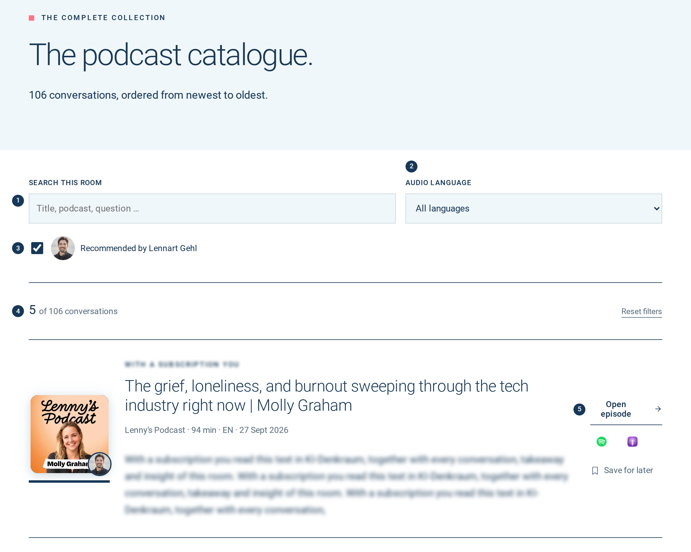 Podcast catalogue of the September 2026 edition, filtered to the five recommendations, with search field, language filter and the first recommendation.
