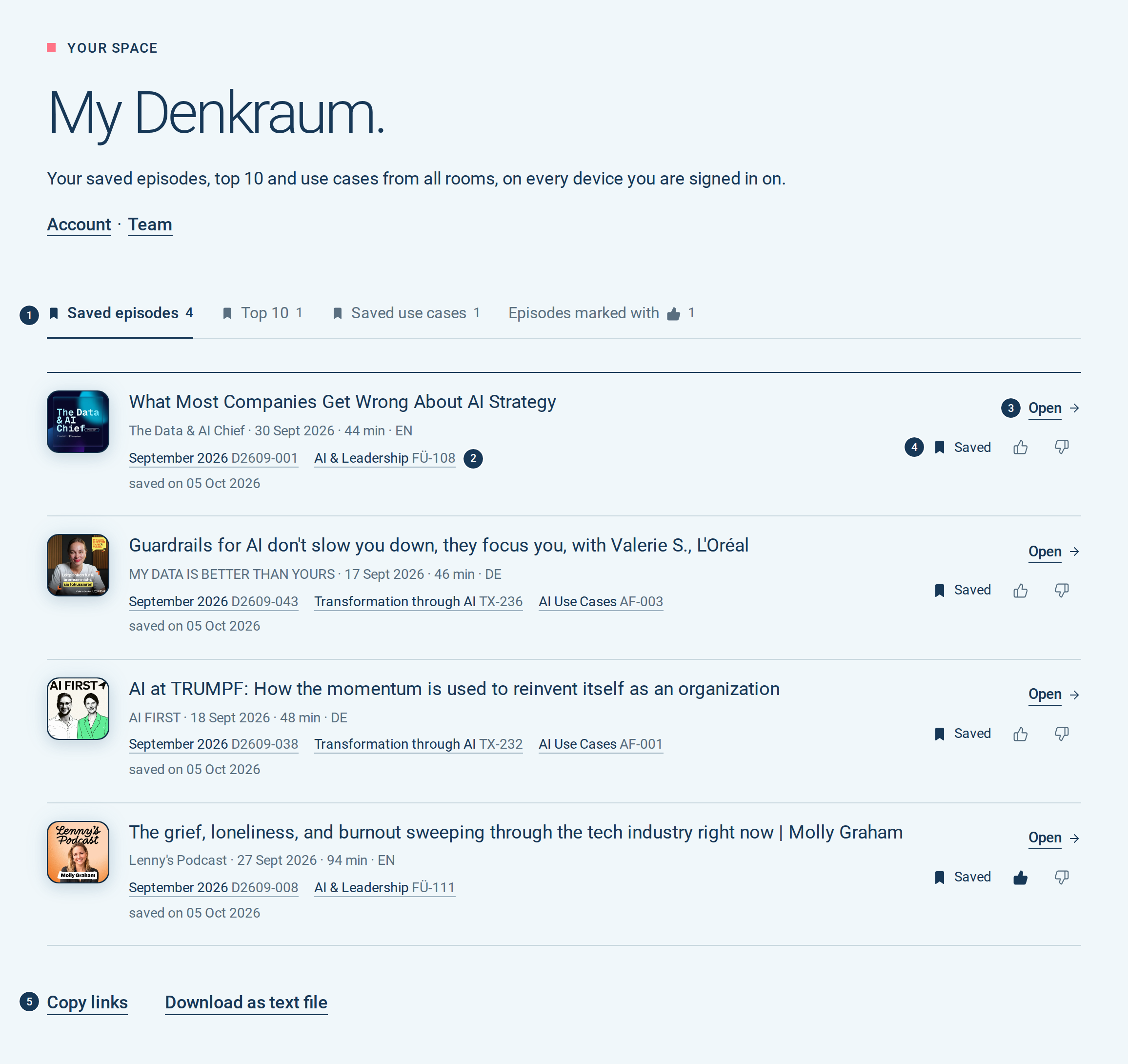 My Denkraum with its four tabs, below them saved episodes with their rooms.